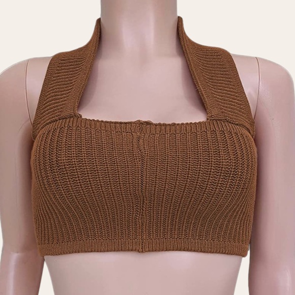 Womens|Knit Halter Crop Top|Brown|Medium M|Medium M|Stretch|Sleeveless - Picture 1 of 9